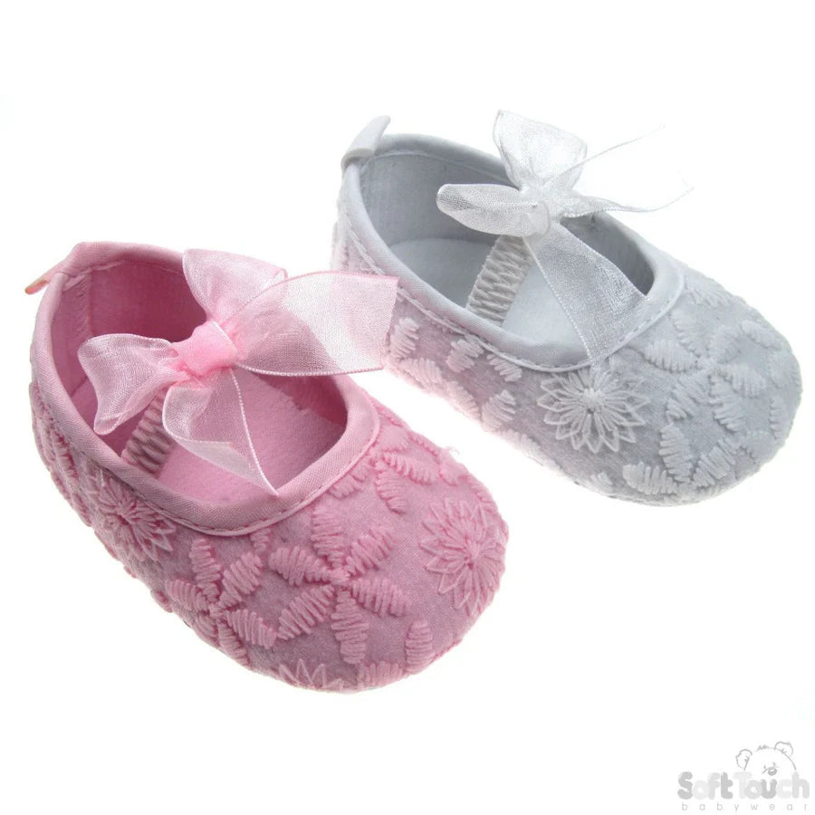 Embroidered Shoes with Elastic Strap & Matching Organza Bow