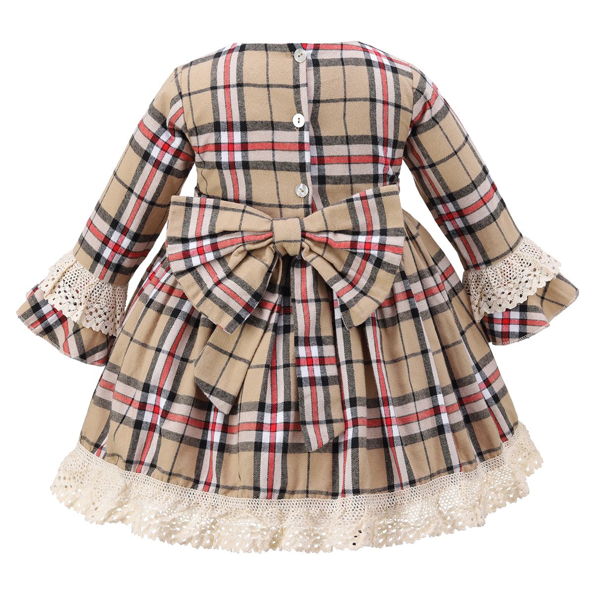 Beige Bow Tartan Laced Dress