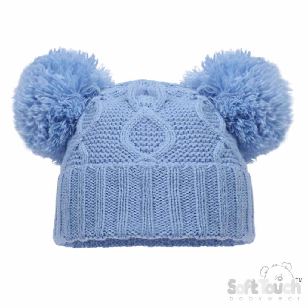 Blue Chain Knit Double PomPom Hat