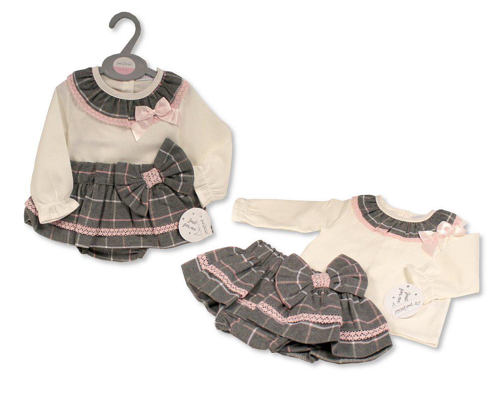 Pink/Grey Check Pleated Skirt Romper & Shirt 2PC Set