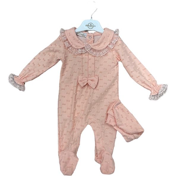 Salmon Peach Lace & Bow Sleepsuit & Hat Set
