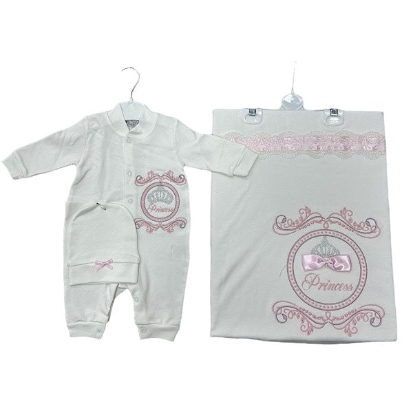 Ivory/Pink Princess 3PC Layette & Blanket Set