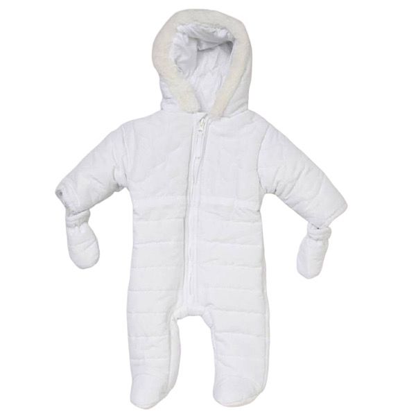 White Padded Fur Snowsuit & Mittens