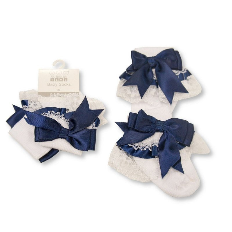 Baby Girl Midnight Blue Frilly Satin Bow Socks