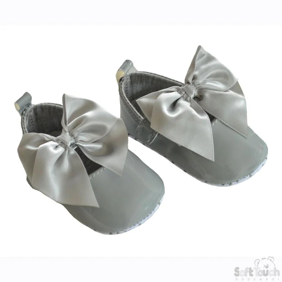 Girls Shiny PU Shoes W/Velcro Strap & Large Satin Bow