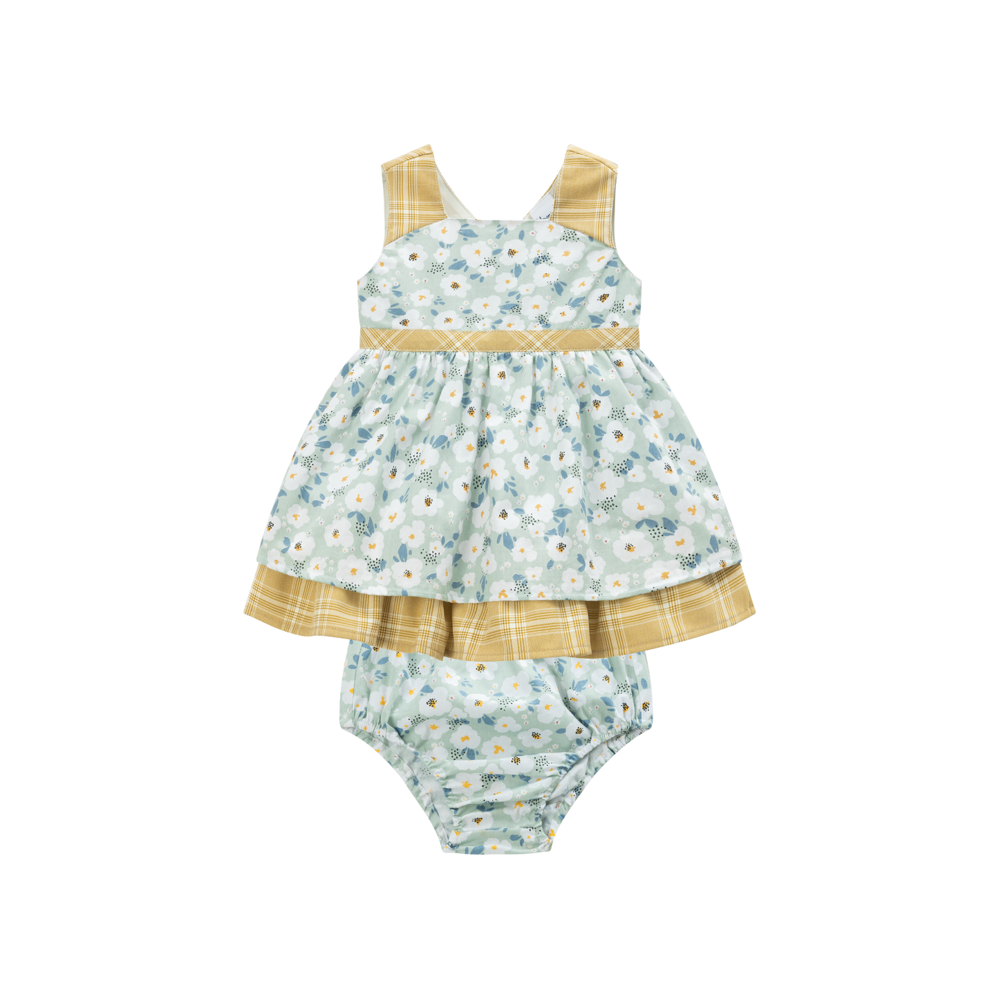 Sage Floral & Contrast Plaid Pinafore Dress