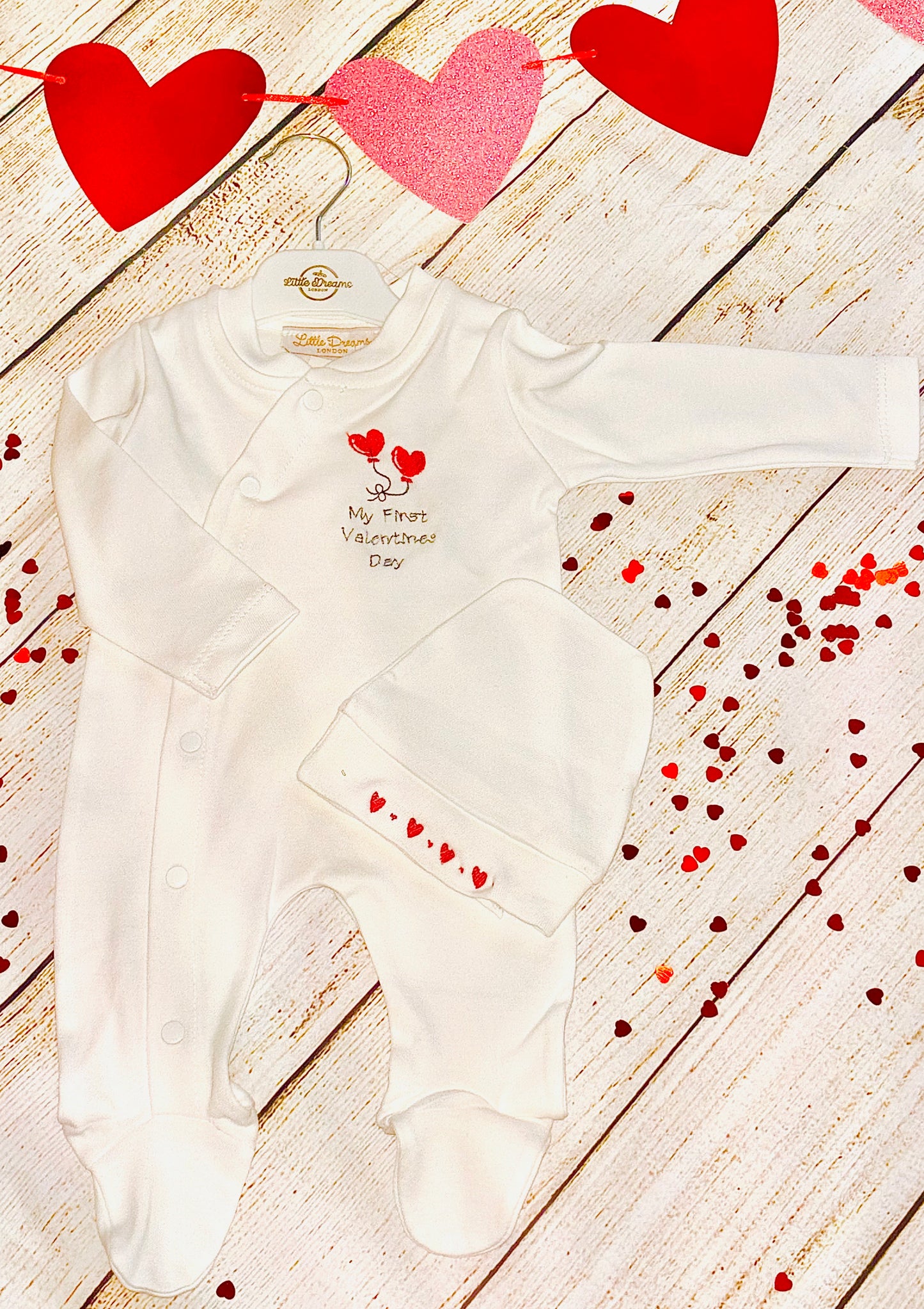 My First Valentine's Day Sleepsuit and co-ord hat set