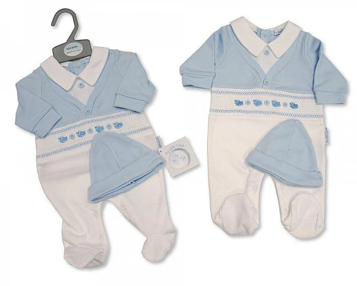 Smocked Baby Boys Faux 2 Pieces Set with Hat - Little Birds