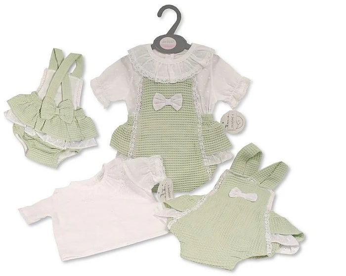 Baby Girls Dungaree Set with Bows and Lace - Sage
