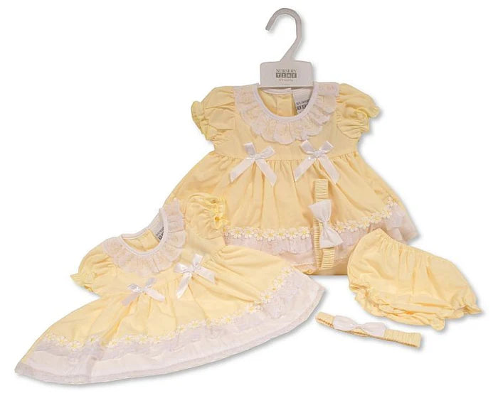 Baby Dress with Lace and Bows - Lemon Daisies