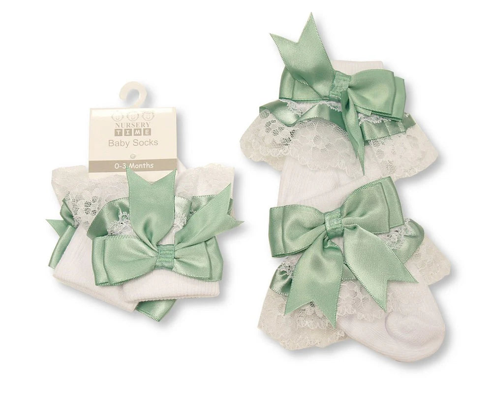 Baby Socks With Lace and Bow - Sage Green