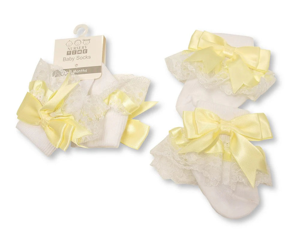 Baby Socks With Lace and Bow - Lemon