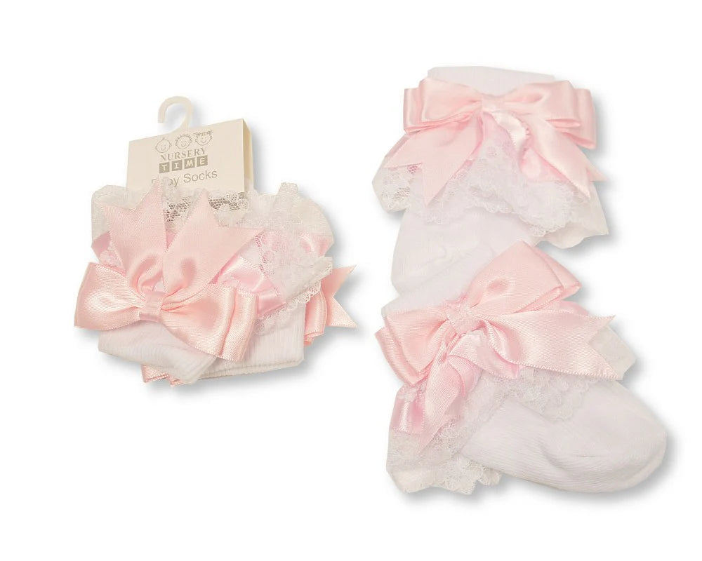 Baby Socks With Lace and Bow - Pink