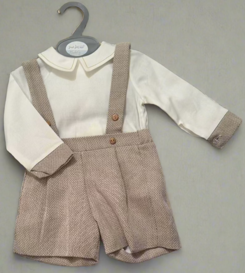 Beige Suspender Shorts & Shirt 2PC Set