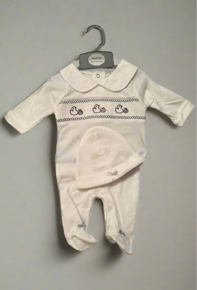 White Duckling Smocked Sleepsuit & Hat Set