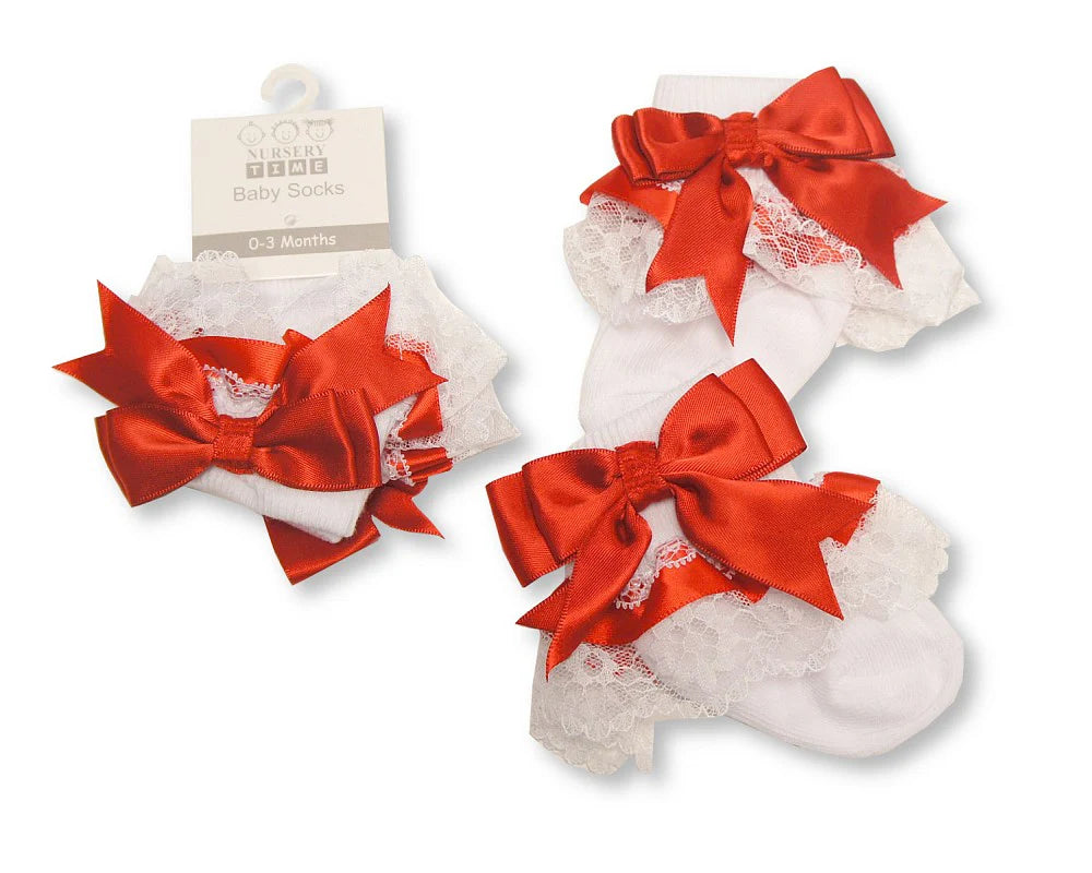 Baby Socks With Lace and Bow - Red